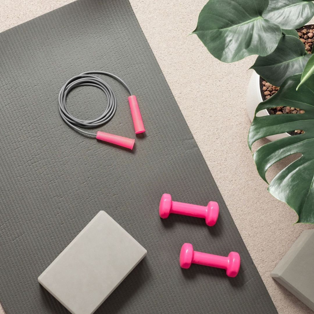 exercise items on a yoga mat