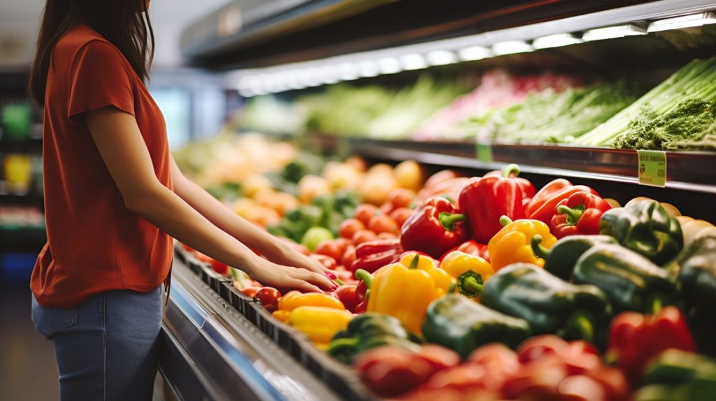 Woman grocery shopping and buying vegetables for use in Eat Clean meal plan